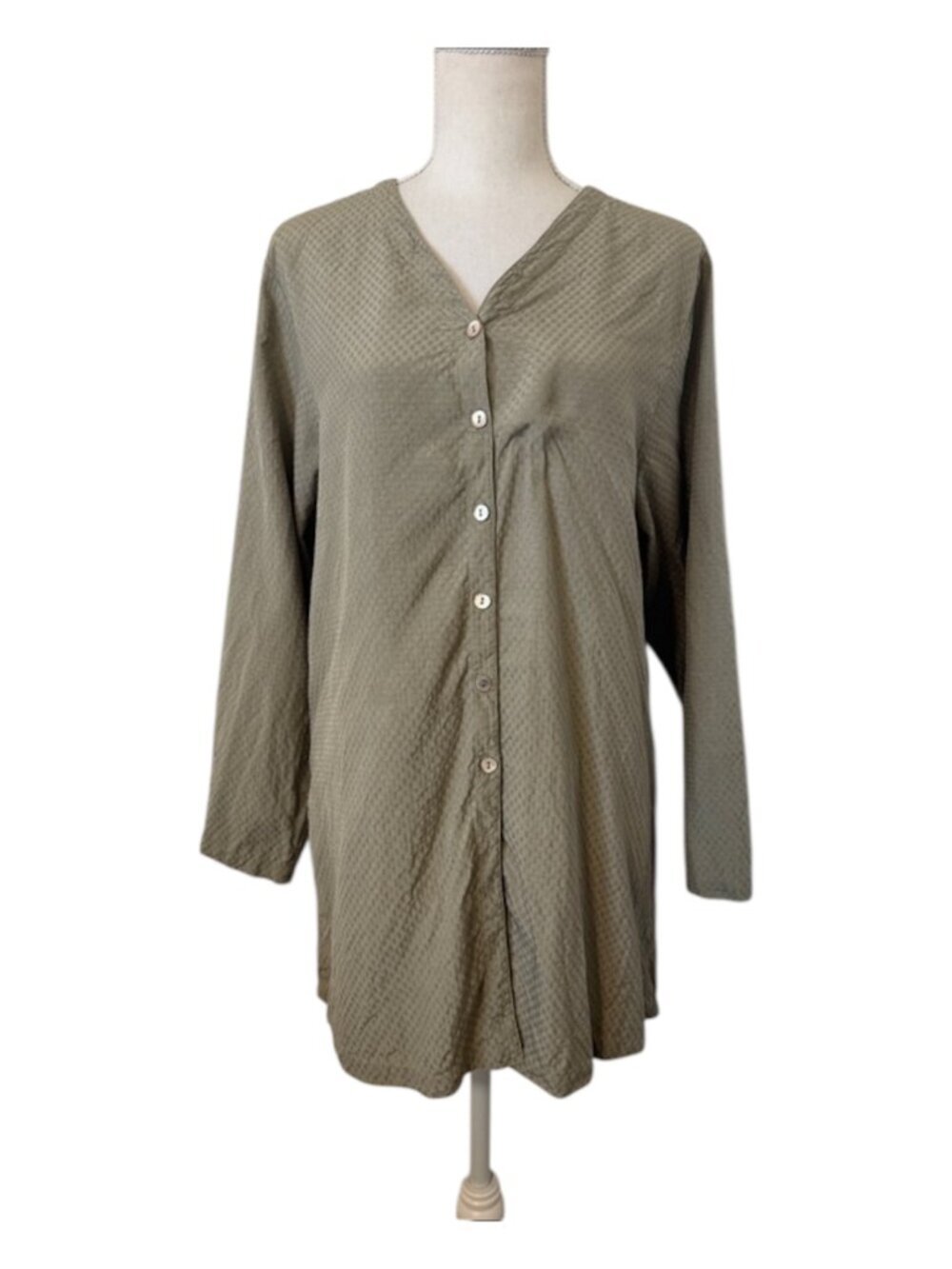 Eileen Fisher Button-Front V-Neck Tunic Women's Size Large Olive Textured Silk